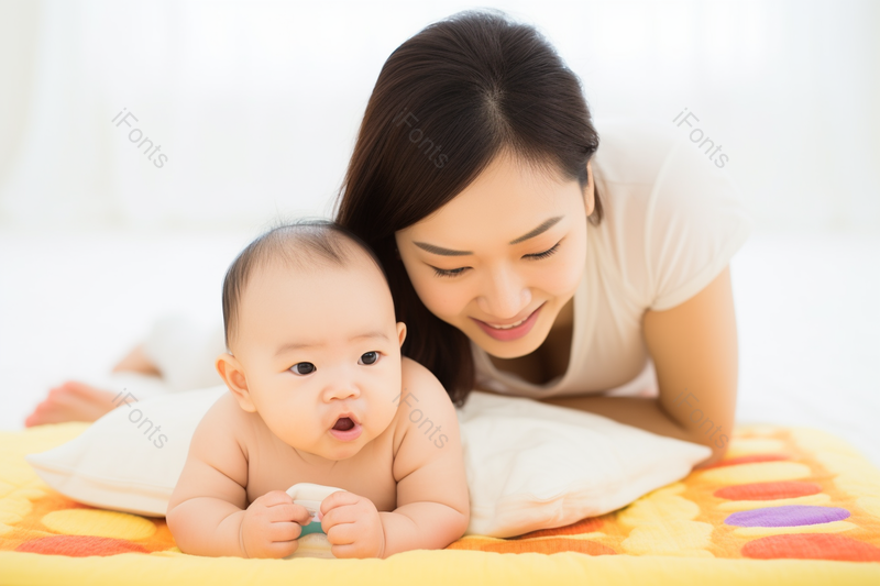 温馨氛围母婴床上妈妈陪伴宝宝,高清,摄影图,摄影图片,图片大全,摄影图免费下载